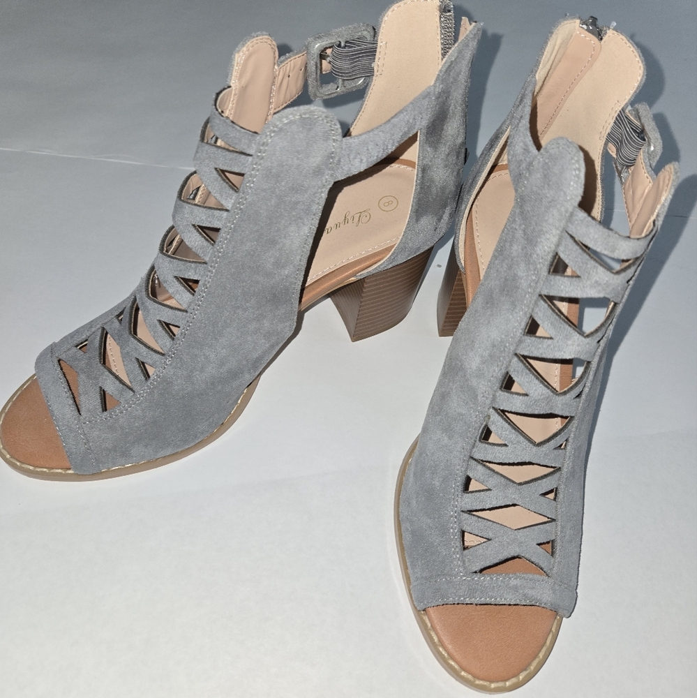 Gray Suede Ankle Booties with Lace-Up and Cutout Details